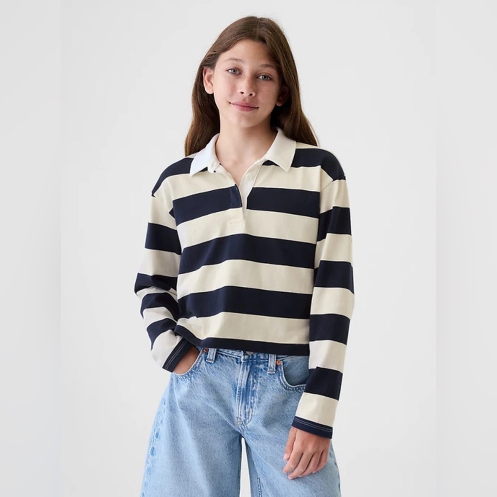 Gap Kids Girls Cropped Relaxed Fit Navy & White Striped Rugby Long Sleeve Polo M